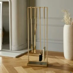 4-Piece Bend Gold Standing Fireplace Tool Set - Elegant Home Accessories