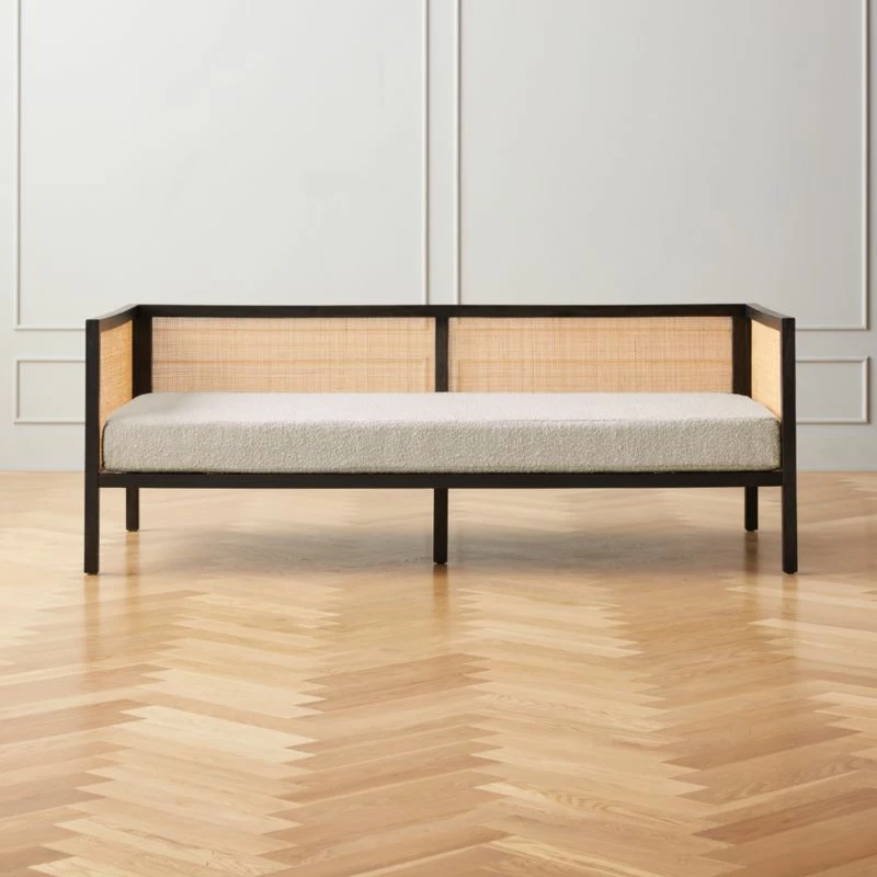 Boho Ivory Boucle & Black Rattan Daybed Twin - Stylish Living Room Furniture