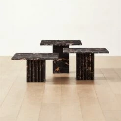 3-Piece Carve Square Black Marble Side Table Set - Modern Living Room Furniture