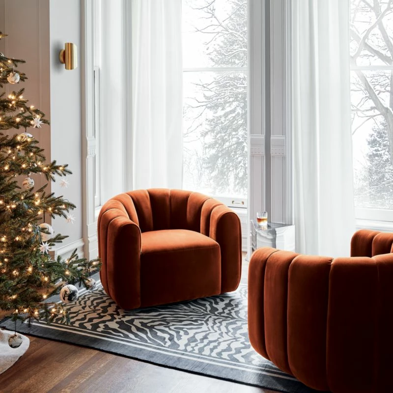 Fitz Channeled Russet Velvet Swivel Chair Set Of 2 - Luxurious Living Room Furniture - Image 3