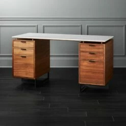 Fullerton 6-Drawer Walnut Wood Desk With White Marble Top | Modern Office Furniture