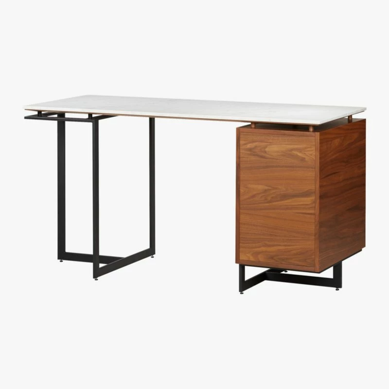 Fullerton 3-Drawer Metal & Walnut Wood Desk with White Marble Top | Stylish Office Furniture - Image 6
