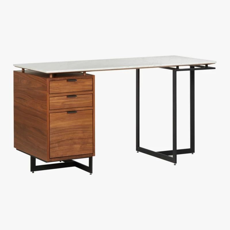 Fullerton 3-Drawer Metal & Walnut Wood Desk with White Marble Top | Stylish Office Furniture - Image 4