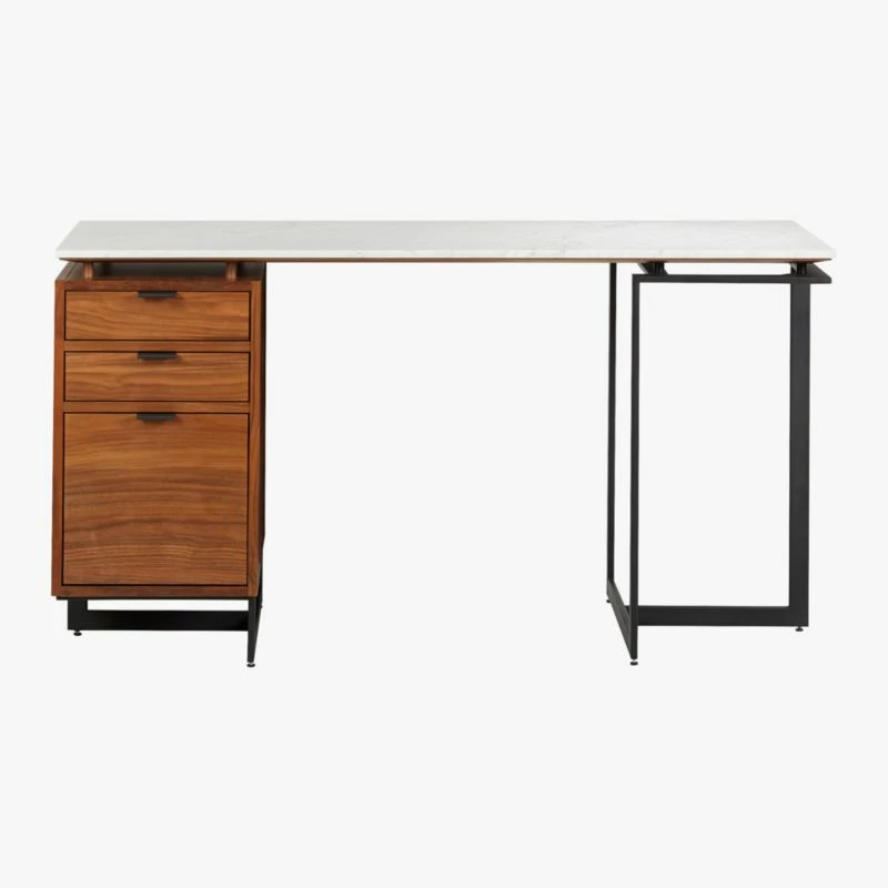Fullerton 3-Drawer Metal & Walnut Wood Desk with White Marble Top | Stylish Office Furniture - Image 3