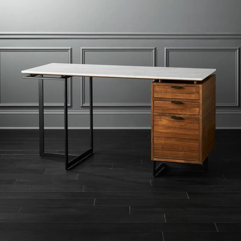 Fullerton 3-Drawer Metal & Walnut Wood Desk with White Marble Top | Stylish Office Furniture