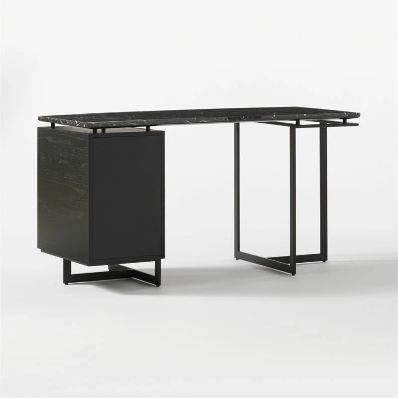 Fullerton 3-Drawer Black Metal And Oak Wood Desk With Black Marble Top - Image 7