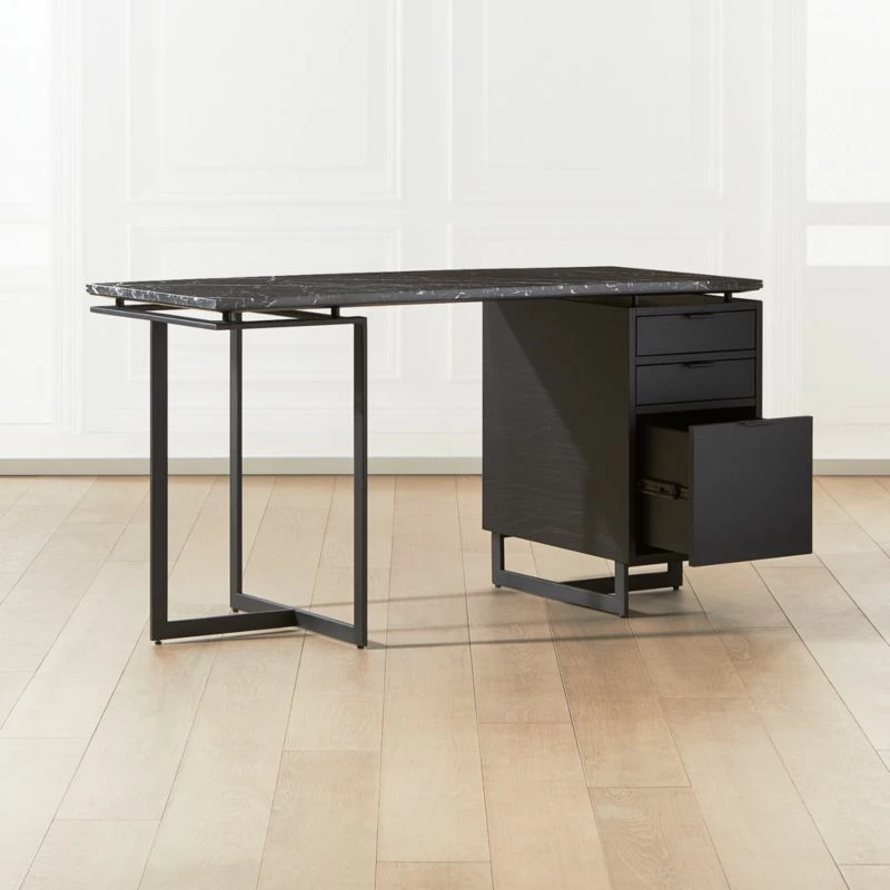 Fullerton 3-Drawer Black Metal And Oak Wood Desk With Black Marble Top - Image 3