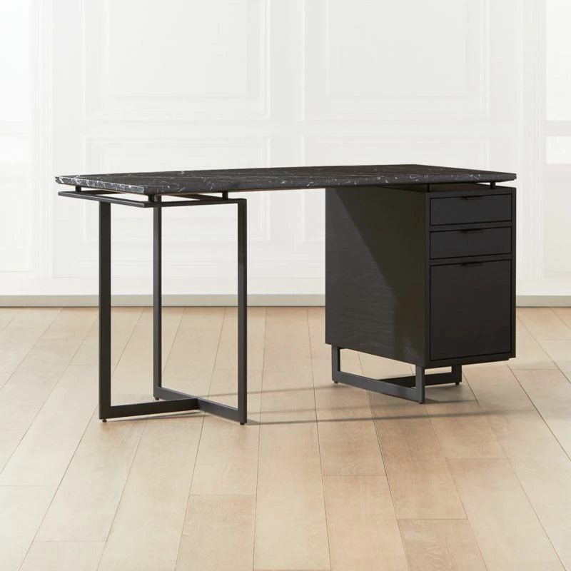 Fullerton 3-Drawer Black Metal And Oak Wood Desk With Black Marble Top - Image 2