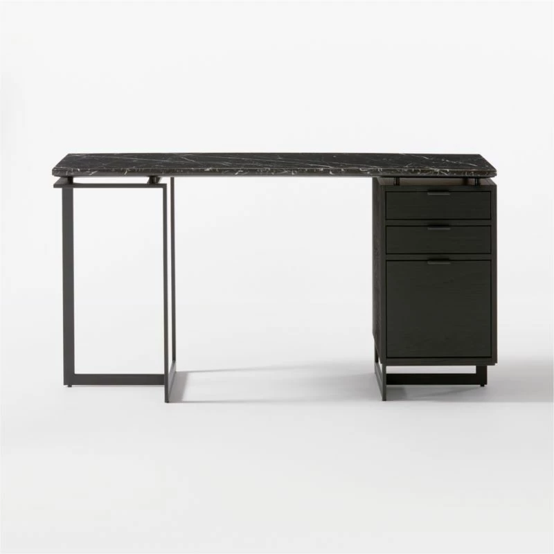 Fullerton 3-Drawer Black Metal And Oak Wood Desk With Black Marble Top - Image 5