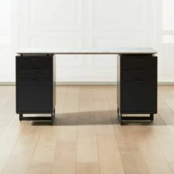 Fullerton 6-Drawer Black Oak Wood Desk with White Marble Top β Stylish Office Furniture