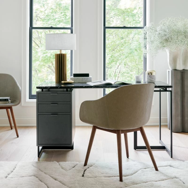 Fullerton 3-Drawer Black Metal And Oak Wood Desk With Black Marble Top - Image 4