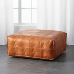 Large Brown Leather Ottoman Pouf - Stylish Living Room Footrest & Storage