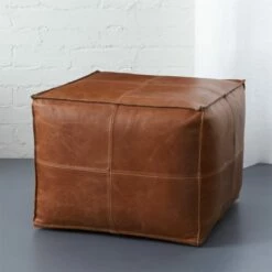 Premium Leather Square Brown Pouf - Stylish Living Room Furniture