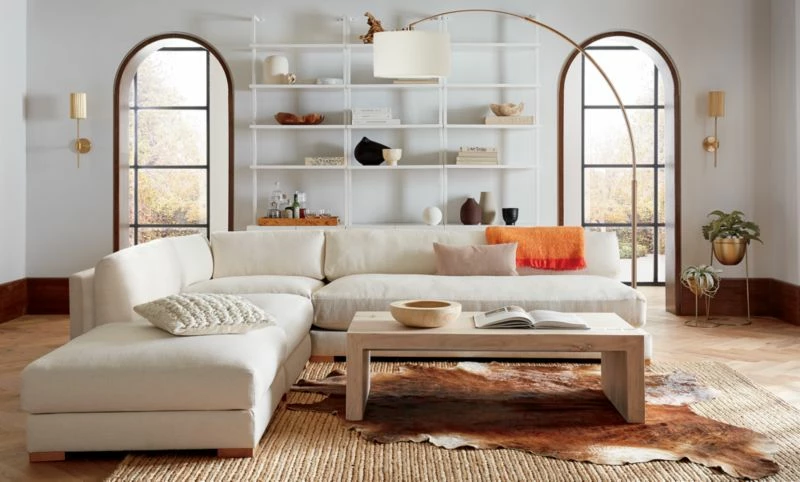 Piazza 4-Piece Modular White Linen Sectional Sofa with Ottoman, 127'' - Modern Living Room Furniture - Image 2