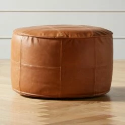 Round Saddle Leather Pouf Medium - Stylish Living Room Furniture