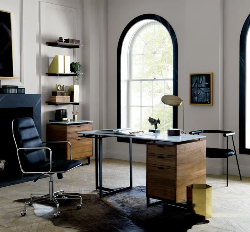 Fullerton 3-Drawer Metal & Walnut Wood Desk with White Marble Top | Stylish Office Furniture - Image 2